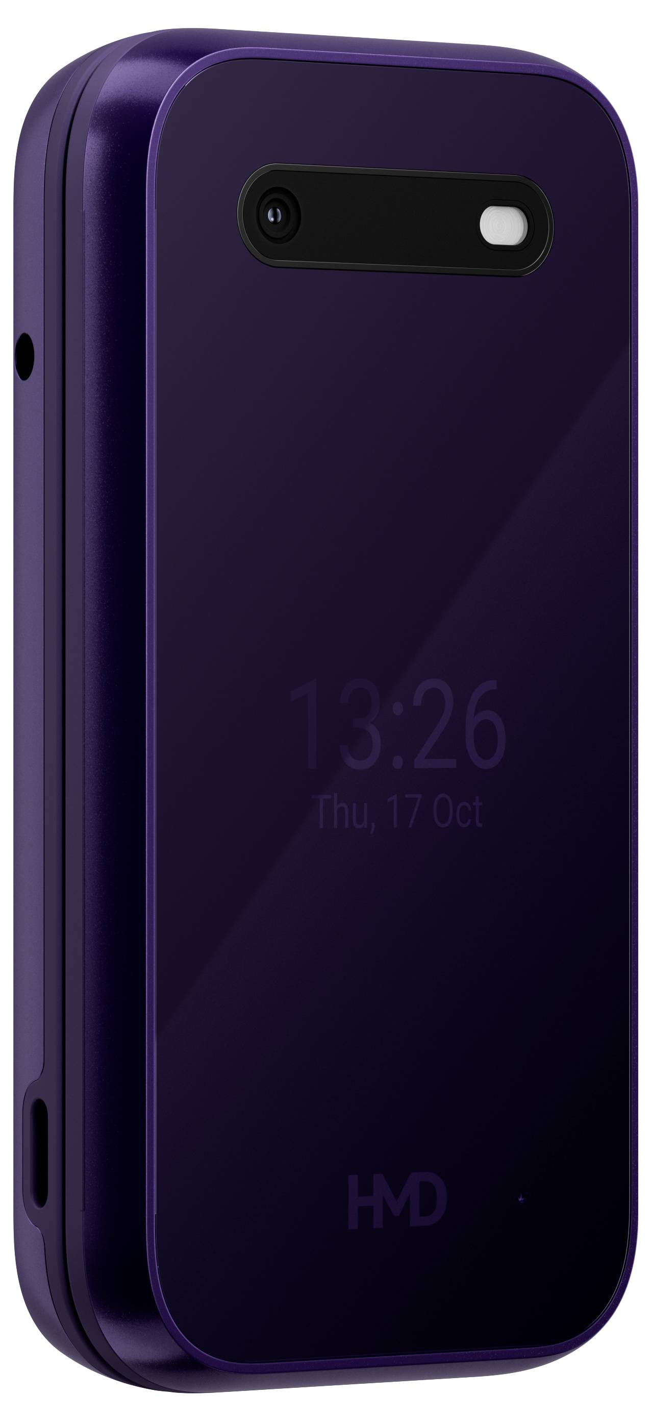 Ein violettes Klapptelefon, Vorderansicht. Auf dem Display sind die Uhrzeit 13:26 und das Datum 'Do, 17 Okt' zu sehen.