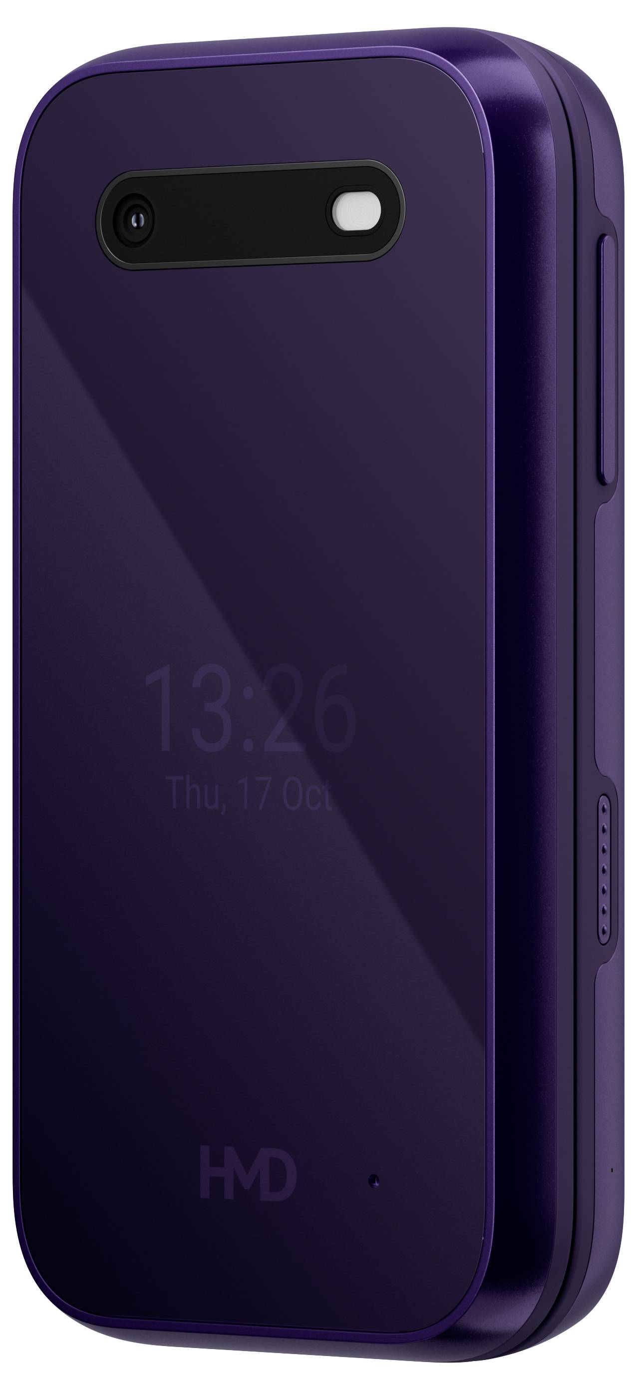 Lila Klapphandy mit kleinem äußerem Display, das Uhrzeit und Datum anzeigt. HMD-Logo am unteren Teil des Geräts.