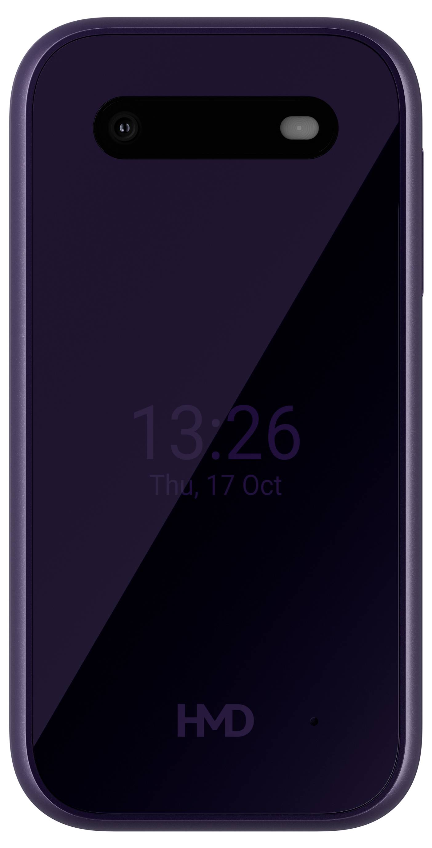 Ein lila Retro-Handy mit kleinem Display und zwei Tasten. Uhrzeit und Datum sind auf dem Display sichtbar.