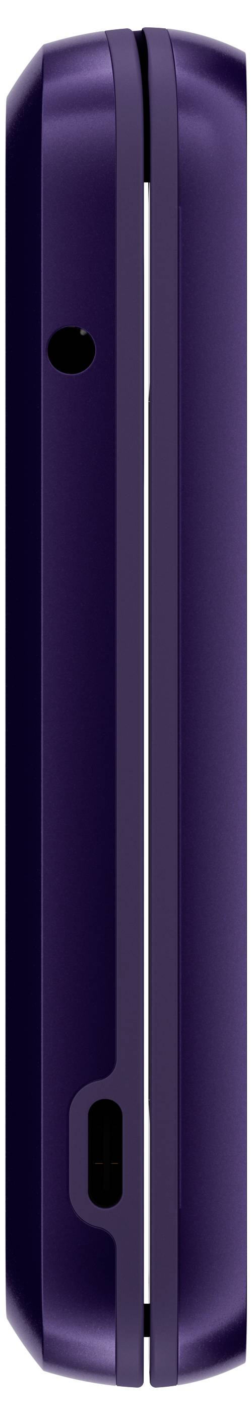 Seitenansicht eines modernen Klapphandys in dunklem Lila, geschlossen, mit sichtbarem Ladeanschluss an der Unterseite.