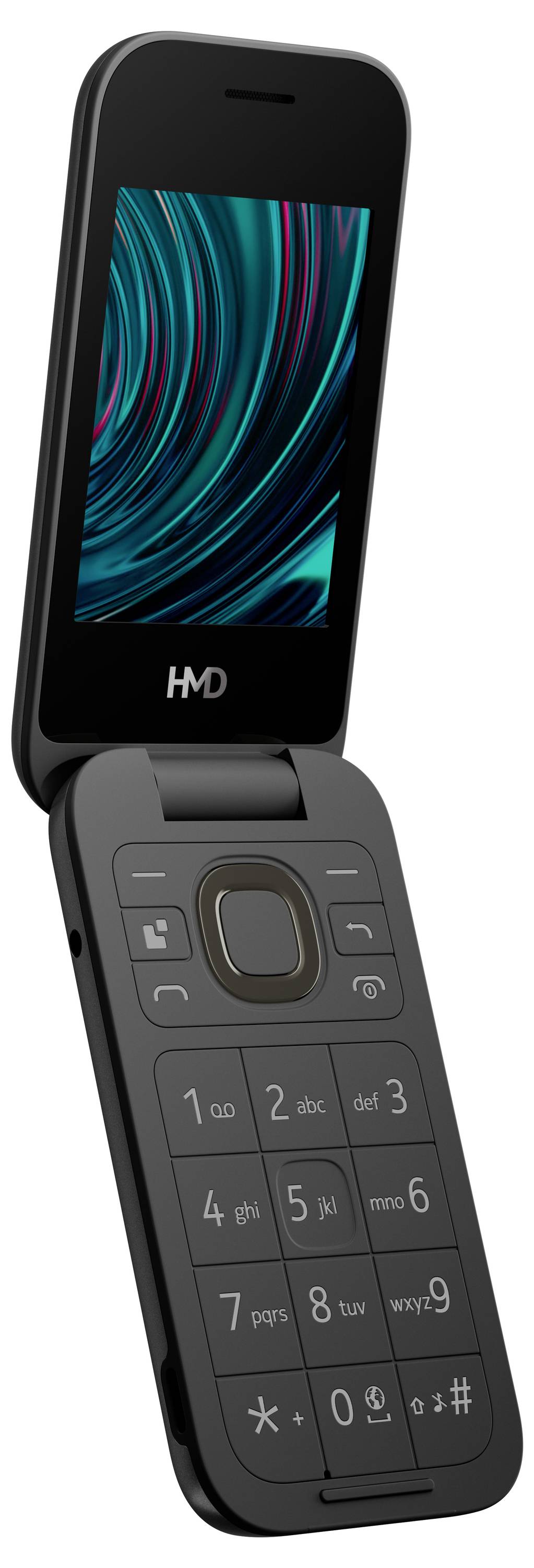 Aufgeklapptes schwarzes Klapphandy mit quadratischem Bildschirm, Zahlen-Tastatur und HMD-Logo an der Scharnierstelle.