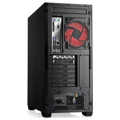 Ein schwarzer Computer-Tower mit roter Lüfterbeleuchtung, mehreren Lüftungsschlitzen und Anschlüssen auf der Rückseite für Konnektivität, einschließlich USB- und Audioports.