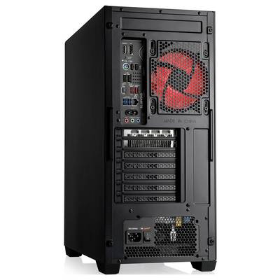 Das Bild zeigt die Rückseite eines schwarzen Computertowers mit einem roten Lüfter, mehreren USB- und Audioports sowie Erweiterungssteckplätzen.