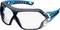 Schutzbrille mit blau-schwarzem Rahmen und klaren Gläsern, geeignet für Sicherheitszwecke bei Arbeiten, die Augenschutz erfordern.