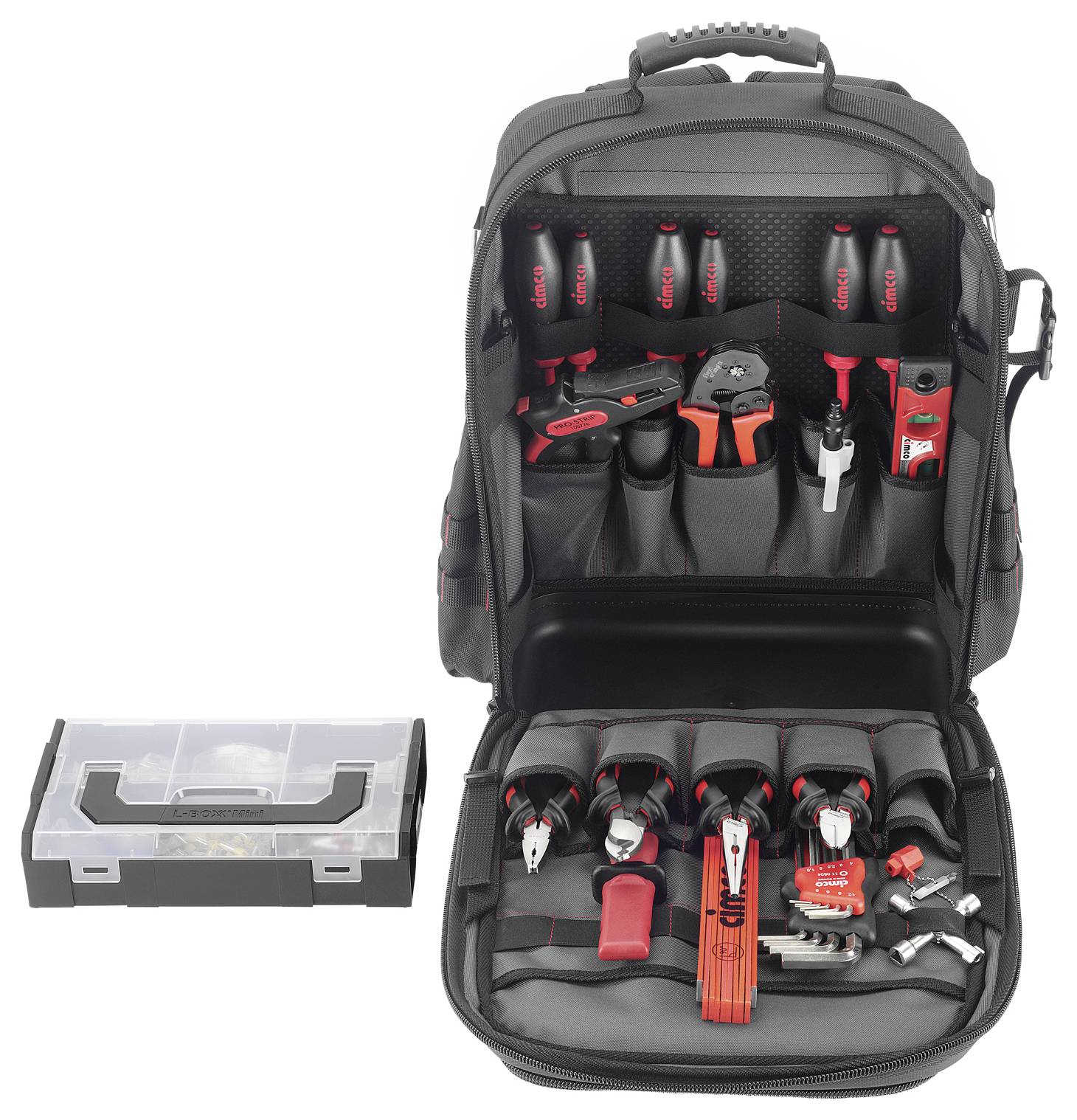 Werkzeugrucksack mit geöffnetem Fach, das verschiedene Handwerkzeuge wie Schraubendreher, Zangen und Tester zeigt; daneben eine Kunststoffbox.