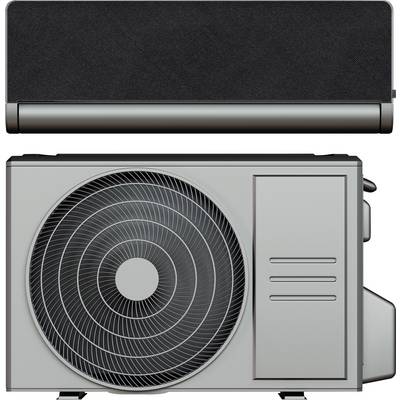 Eine Klimaanlage mit einem Wandgerät oben und einem Außengerät unten. Das Außengerät zeigt offene Lüftungsschlitze und einen großen Ventilator.