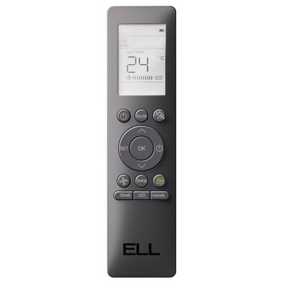 Schwarze Fernbedienung mit Display, zeigt '24°C', darunter Tasten für Modus, OK, Boost, LED, und Swing. Logo 'ELL' unten.