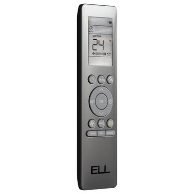 Eine Fernbedienung mit einem Display zeigt 'SET TEMP 24°C'. Tasten für Modus, Temperatur, Timer und weitere Funktionen sind sichtbar.