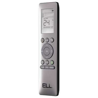 Eine silberne Fernbedienung mit Display zeigt '24°C'. Tasten für Modus, Temperatur und LED-Einstellungen sind erkennbar.