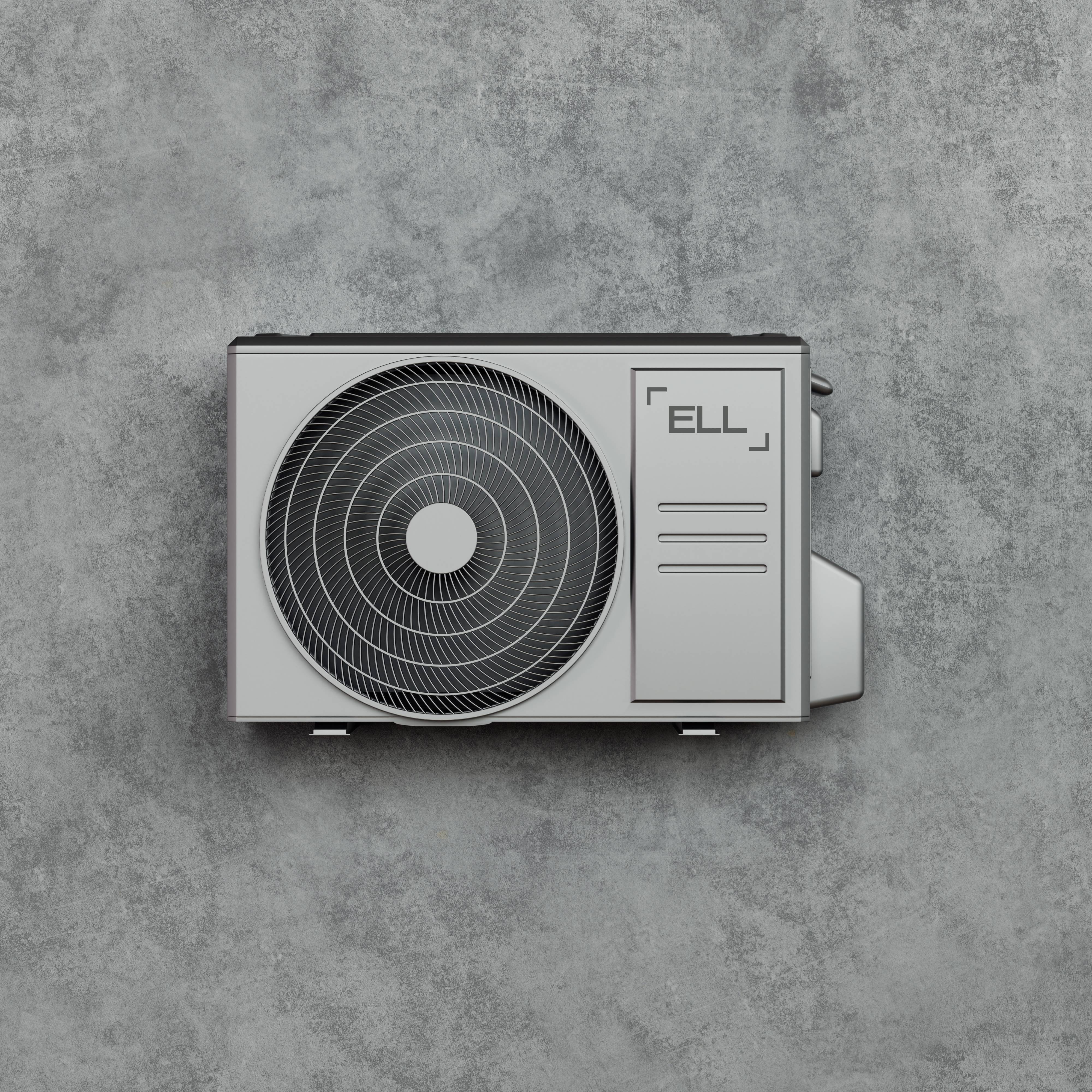 Ein weißer Klimaanlagen-Außengerät hängt an einer grauen Wand; das Gerät hat einen großen Ventilator und ist mit 'ELL' beschriftet.