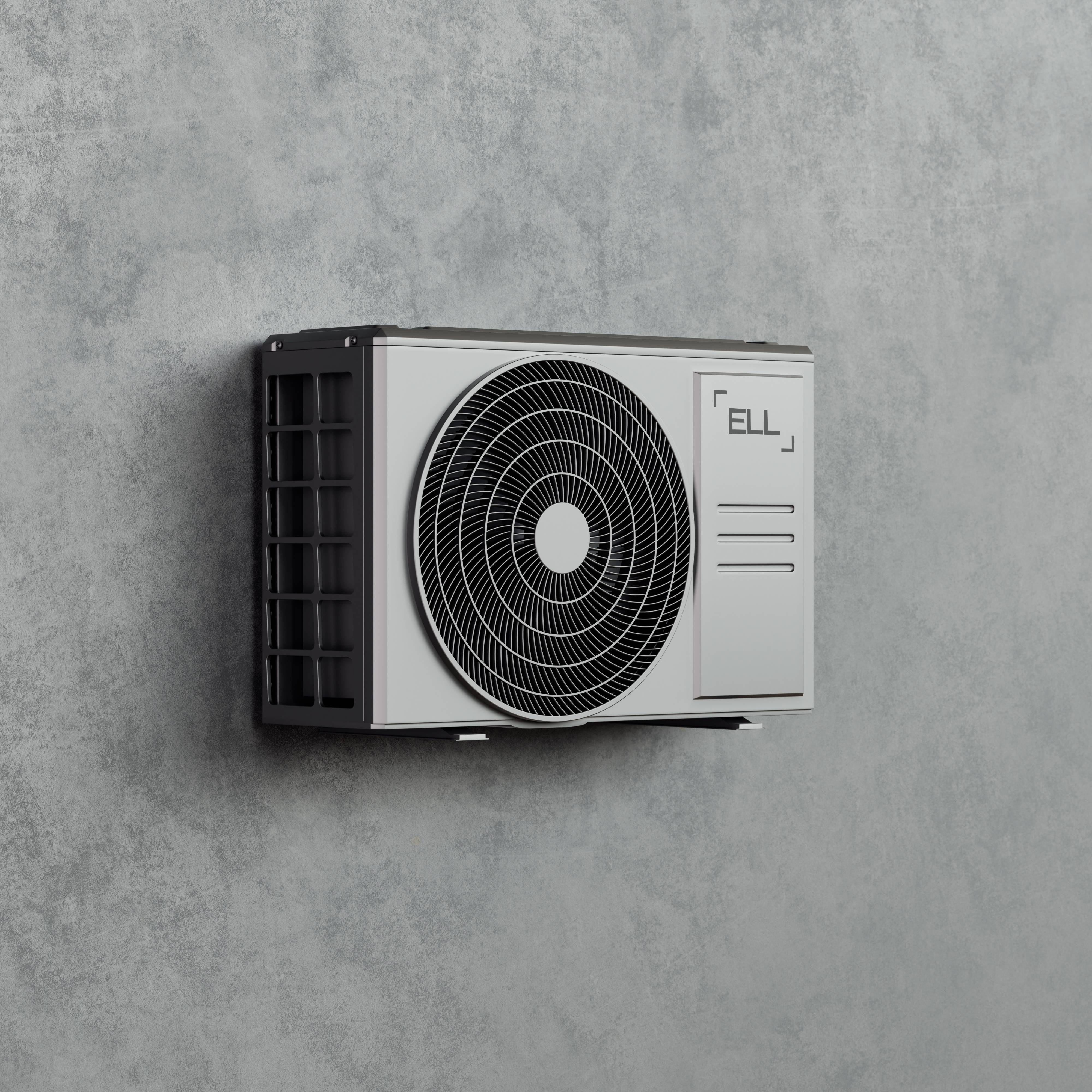 Klimaanlage an einer grauen Wand montiert, zeigt Lüftungsgitter und Gebläse, geeignet für Außeninstallation.