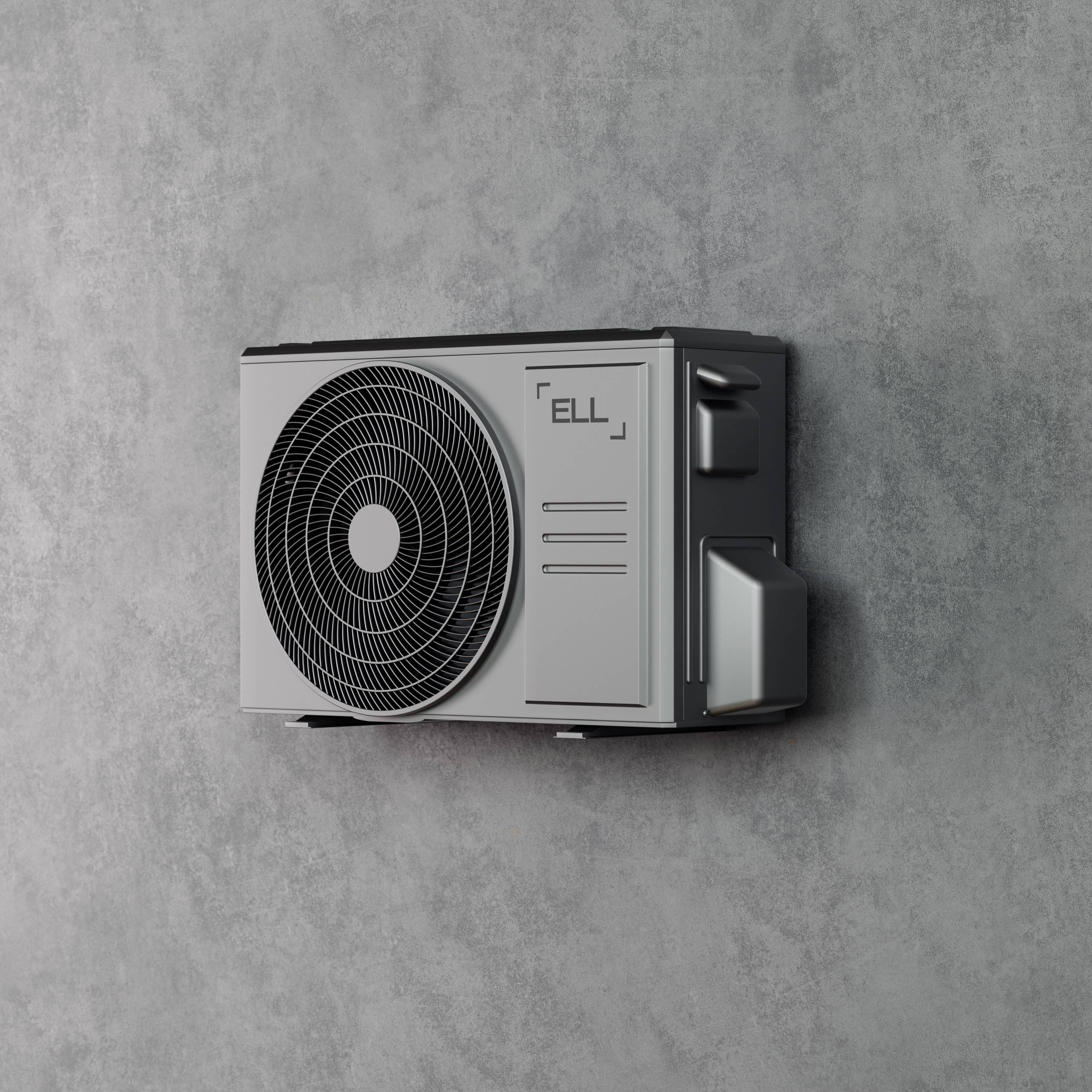 Wandmontierte Klimaanlage mit grauem Gehäuse und schwarzem Lüftergitter an grauer Betonwand.
