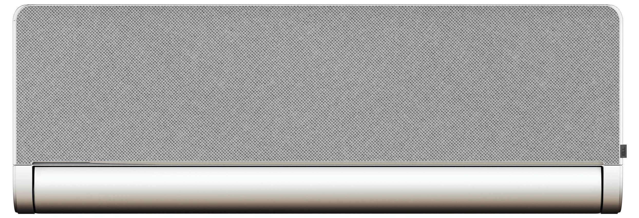 Eine moderne, graue Soundbar mit schlankem, rechteckigem Design und silbernem Fuß.