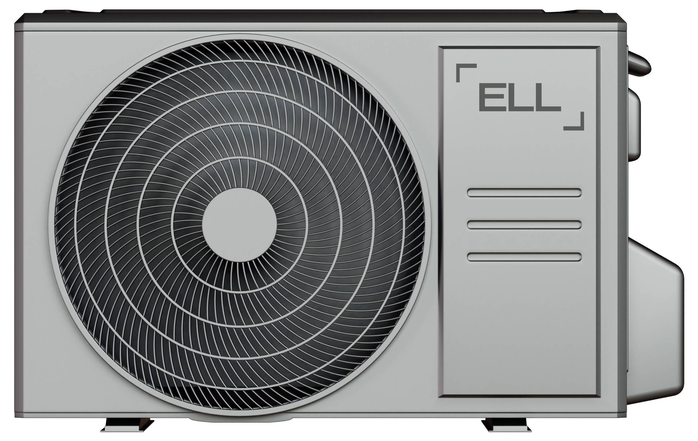 Silberne Klimaanlageneinheit mit großem Lüfter auf der linken Seite und dem Markenlogo oben rechts.