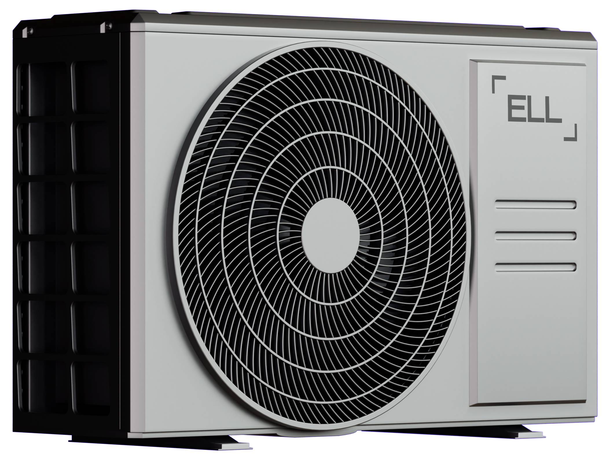 Klimaanlage im Außenbereich mit sichtbarem Ventilator. Lautes Betriebsgeräusch. Gerät mit rechteckigem Design und grauer Verkleidung.