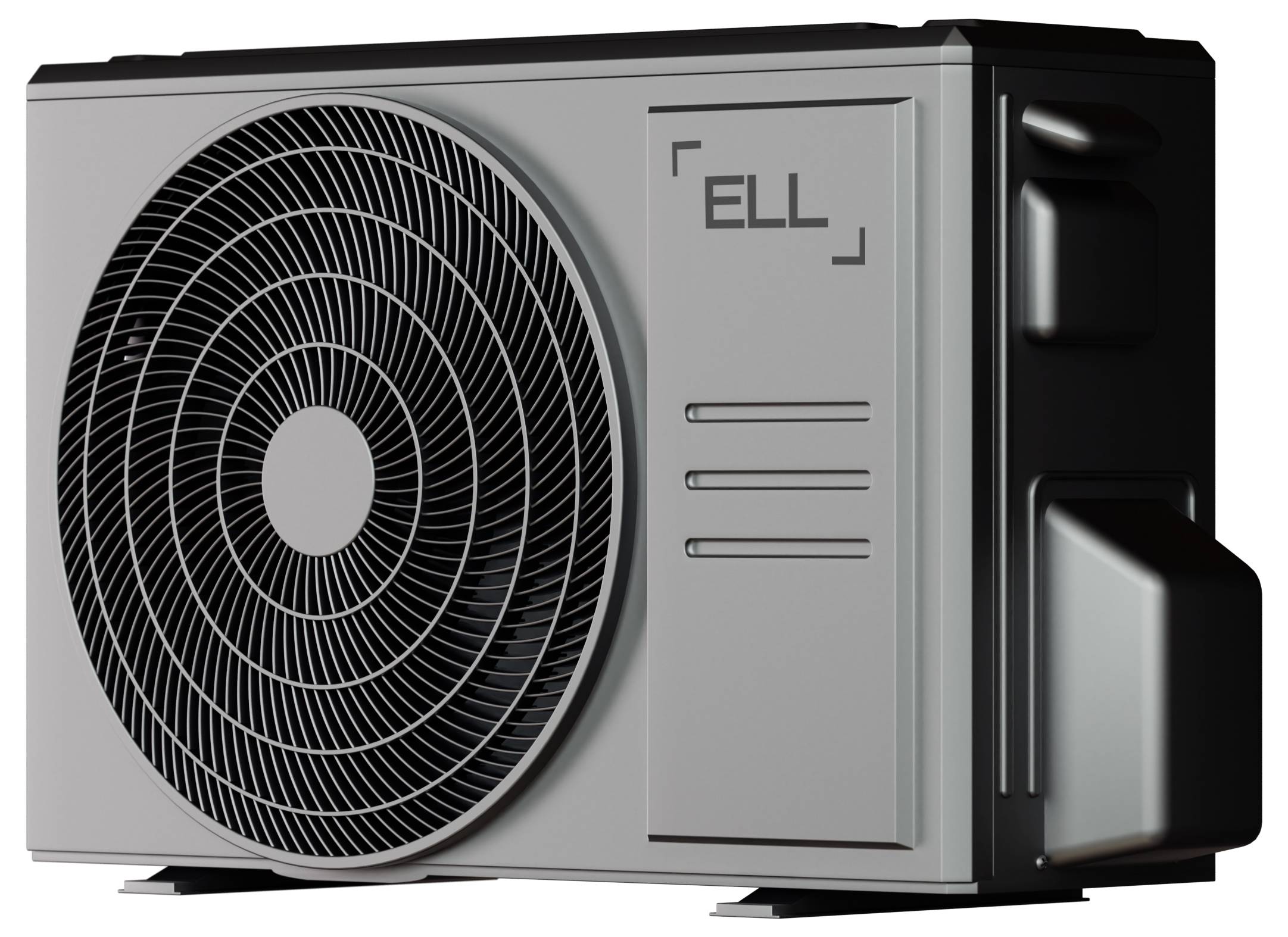 'Klimaanlage Außeneinheit mit Lüfter und Gehäuse. Markierung 'ELL' sichtbar. Zur Kühlung und Belüftung verwendet.'