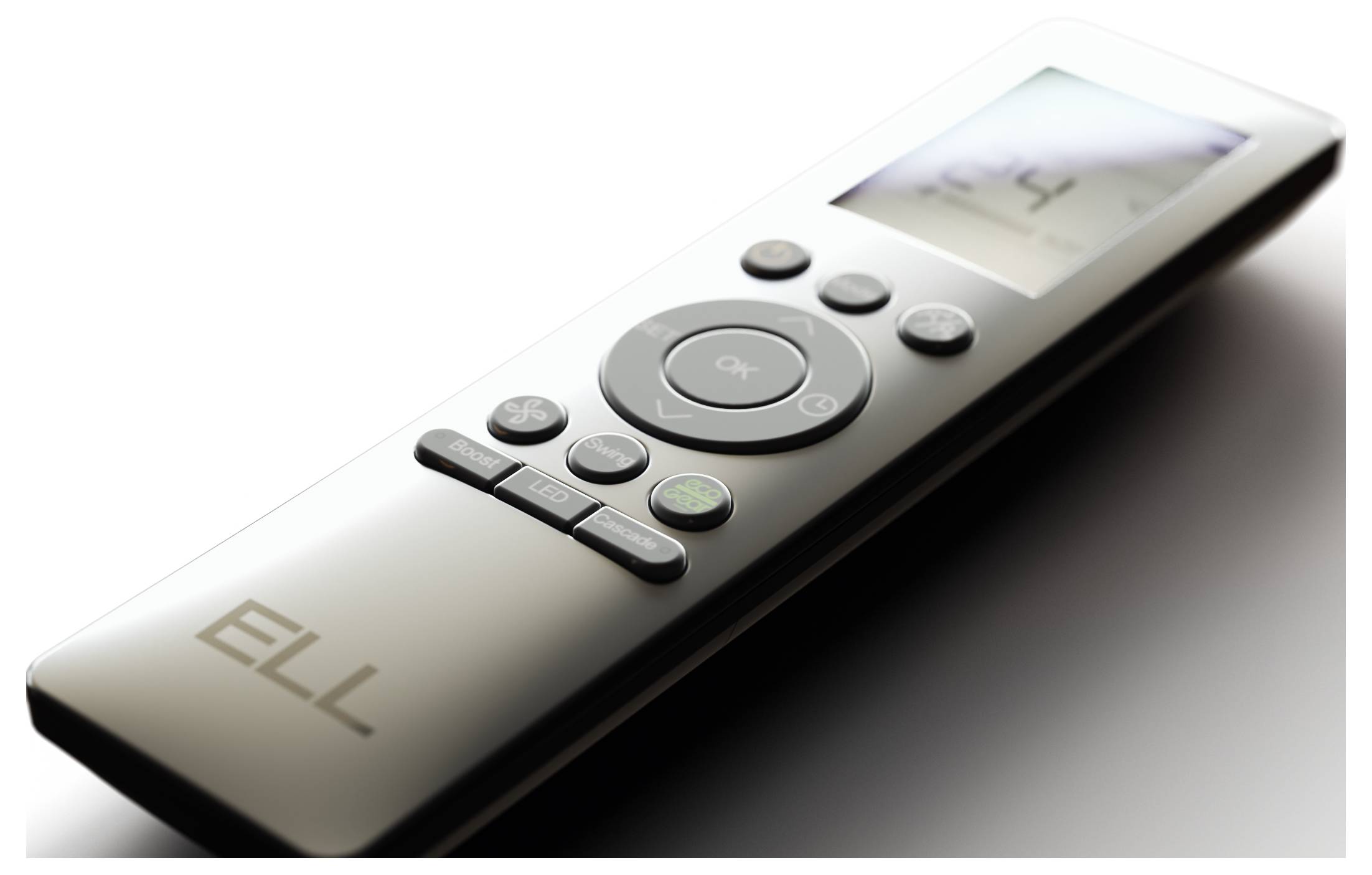 Eine glänzende Fernbedienung mit einem Display und mehreren runden Tasten, markiert mit 'ELL'. Liegt schräg auf einer weißen Oberfläche.