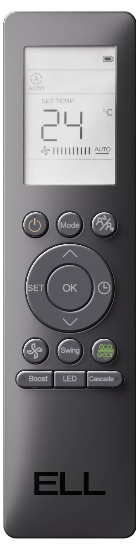 Fernbedienung für Klimaanlage mit Displayanzeige: Temperatur 24°C, Auto-Modus, Tasten für Modi, Temperatur, Boost und LED-Steuerung.