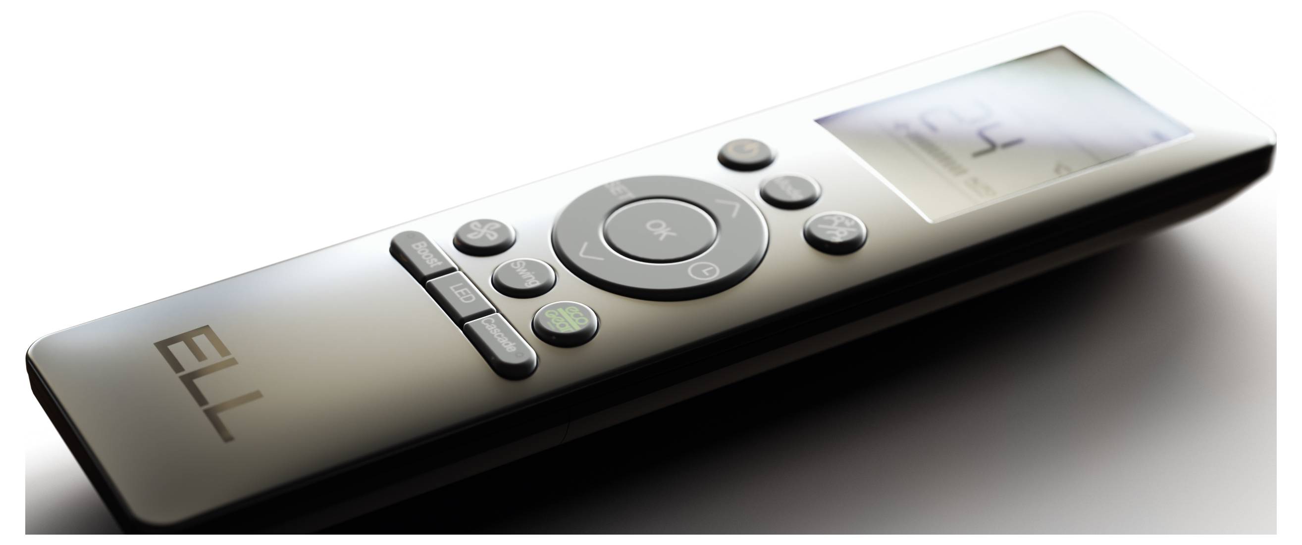 Eine silberne Fernbedienung mit Display und mehreren Tasten liegt auf einem weißen Hintergrund.
