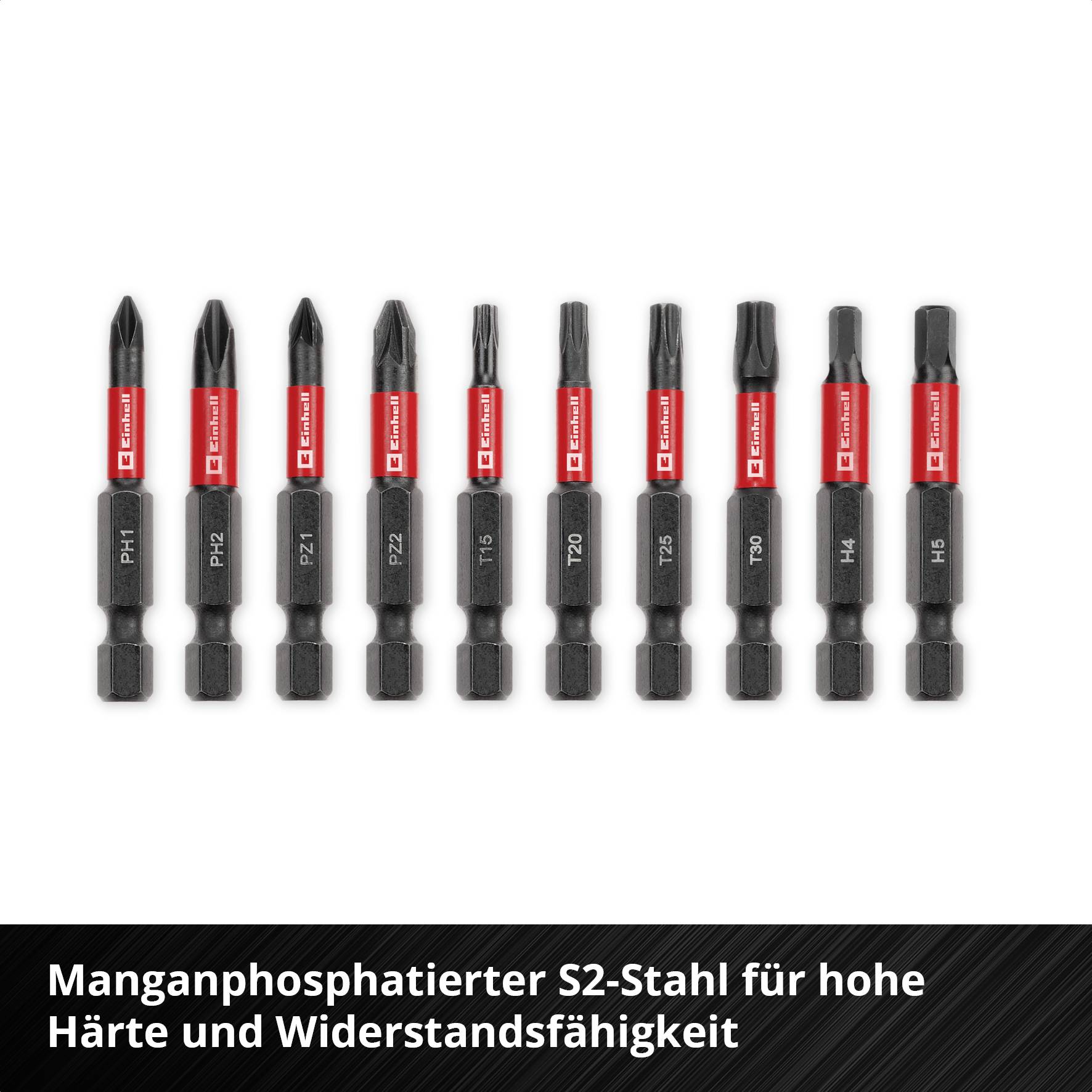 Ein Set von zehn schwarzen Schraubendreher-Bits aus manganphosphatiertem S2-Stahl für hohe Härte und Widerstandsfähigkeit.