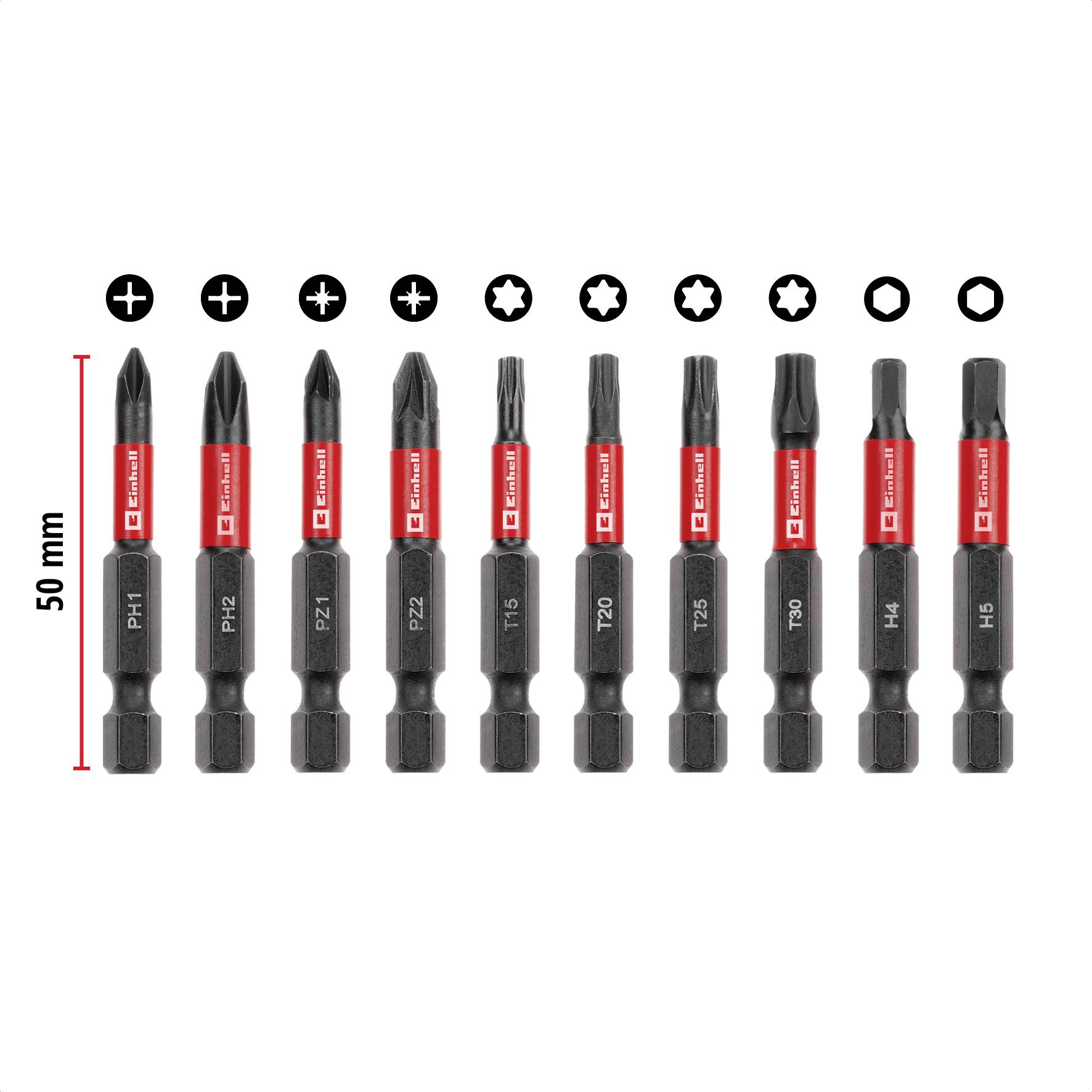 Elf verschiedene Schraubendreherbits in einer Reihe, mit beschrifteten Typen und Größen, und zusätzlichem Maßstab von 50 mm.