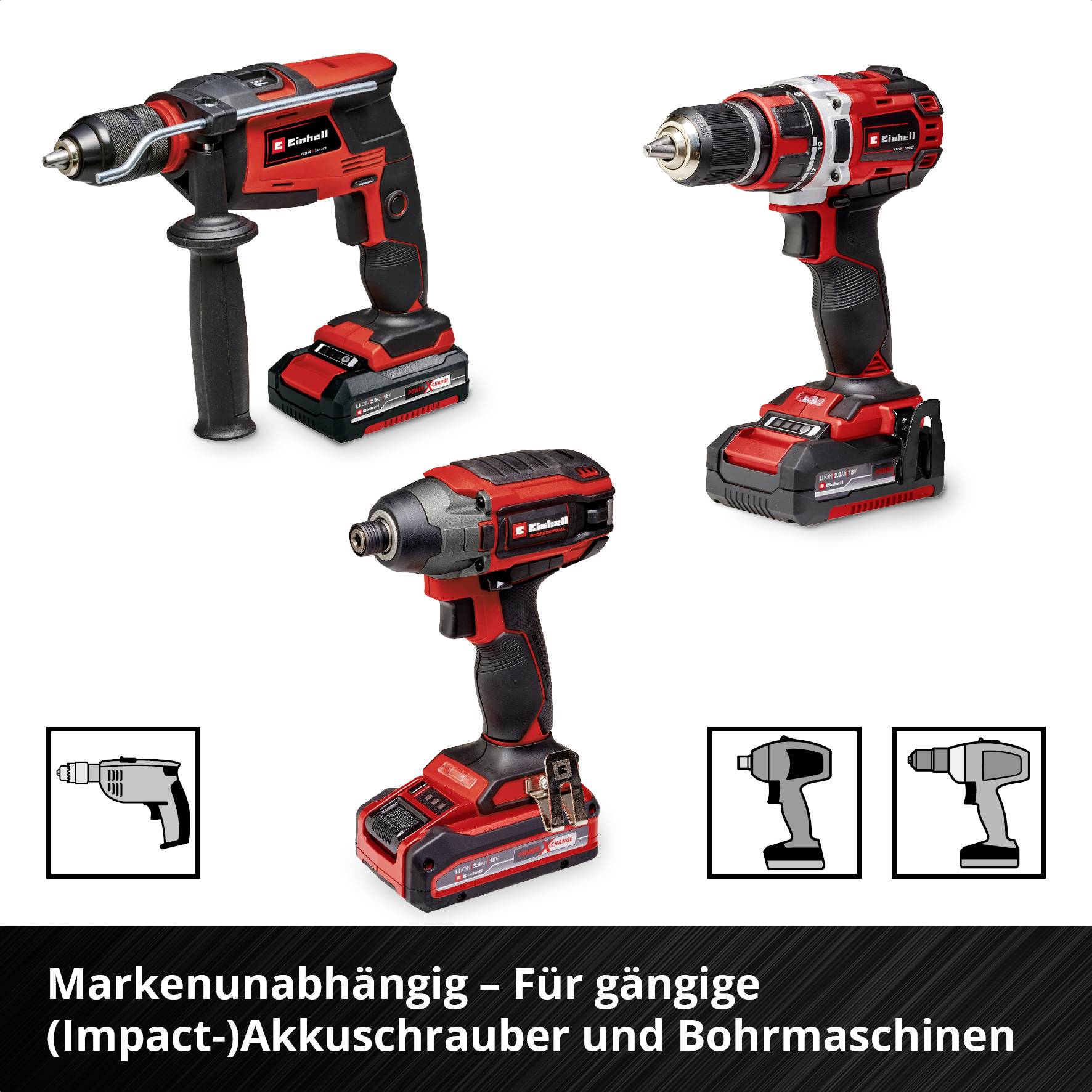 'Drei verschiedene Akkuschrauber und Bohrmaschinenmodelle, schwarz-rot. Text: Markenunabhängig - Für gängige (Impact-)Akkuschrauber und Bohrmaschinen.'