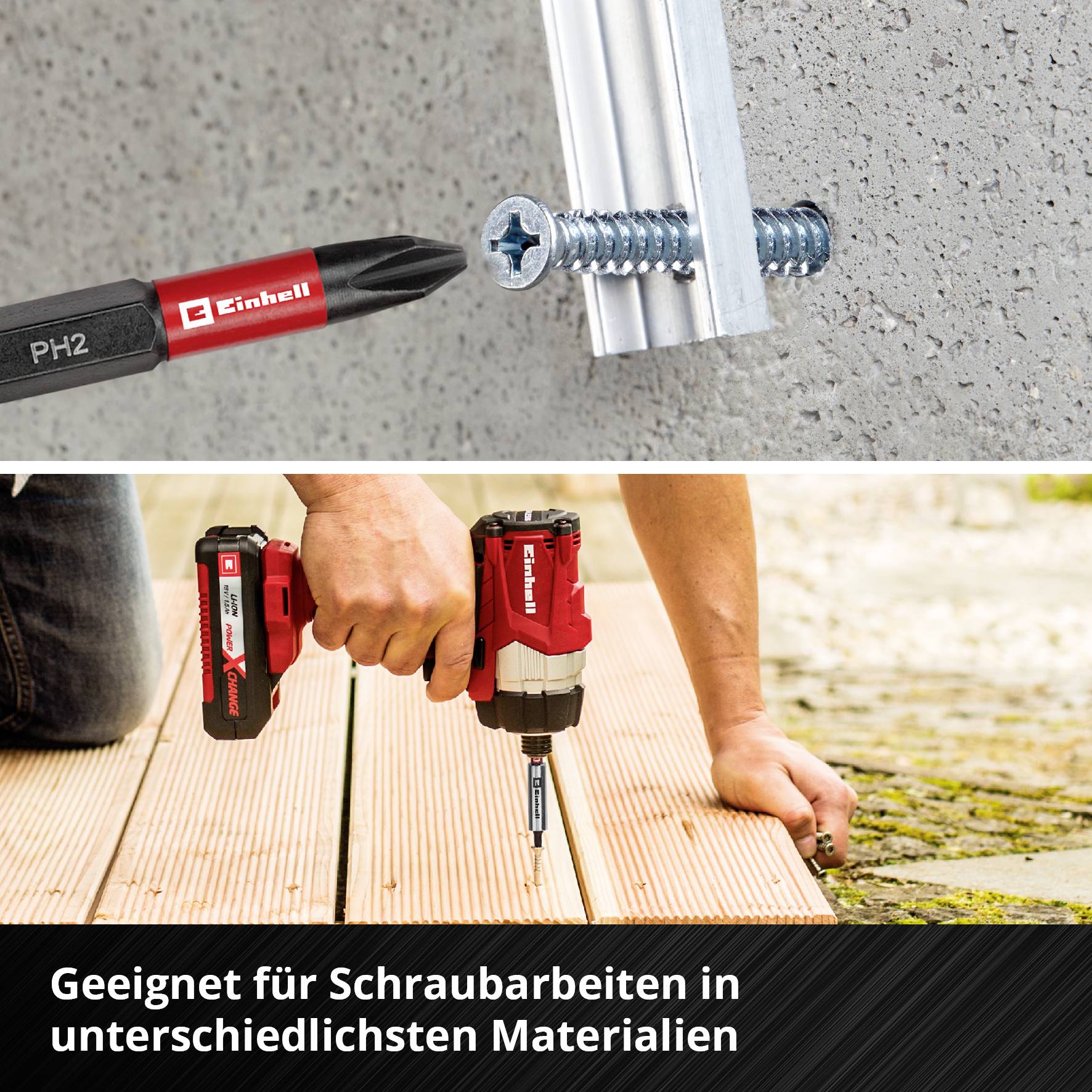 'Oberes Bild: Schraube in Betonwand. Unteres Bild: Person benutzt elektrischen Schraubenzieher auf Holz. Text: Geeignet für Schraubarbeiten.'