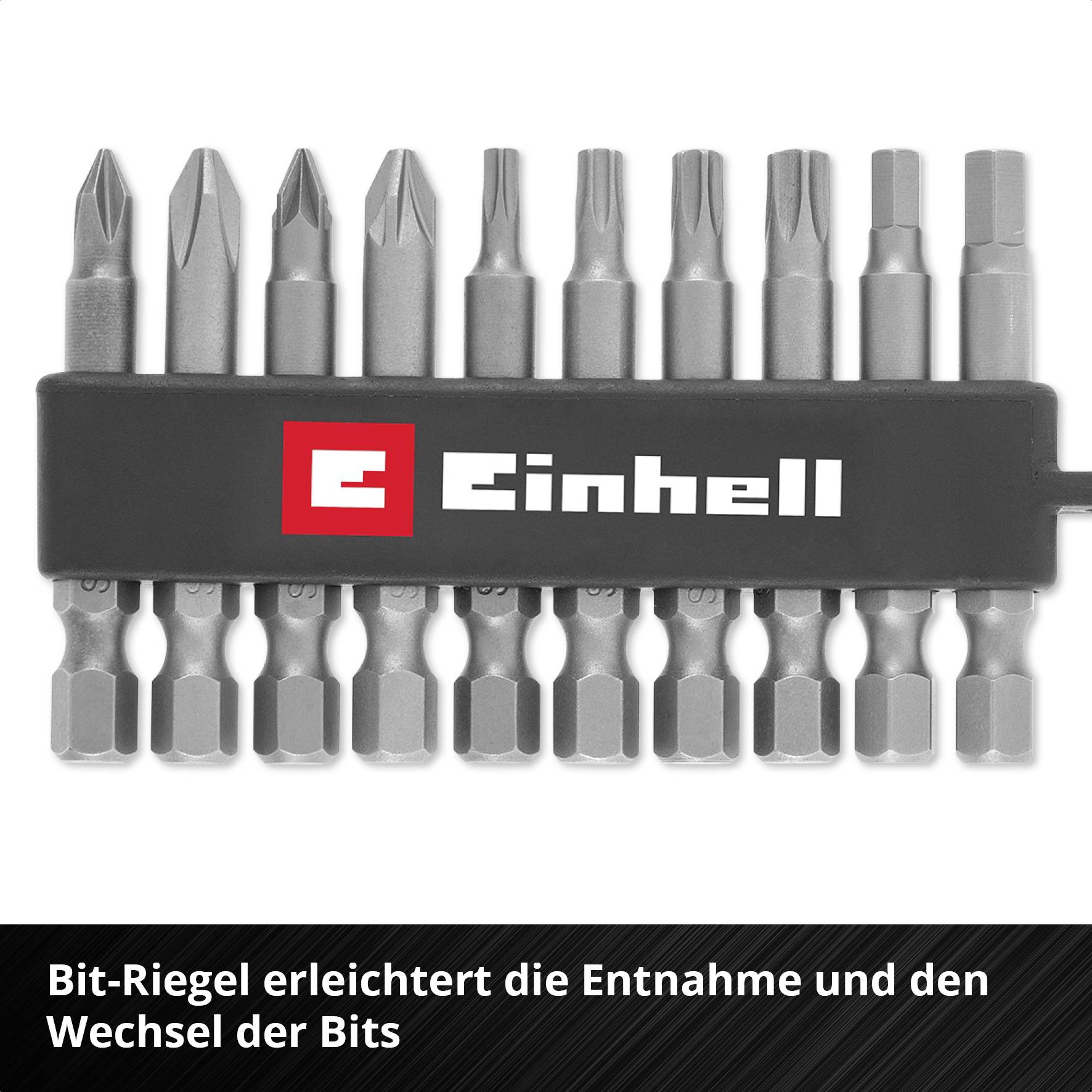 Ein Set von Schraubendreher-Bits in einem Halter mit dem Markenlogo. Text unten: 'Bit-Riegel erleichtert die Entnahme und den Wechsel der Bits'.