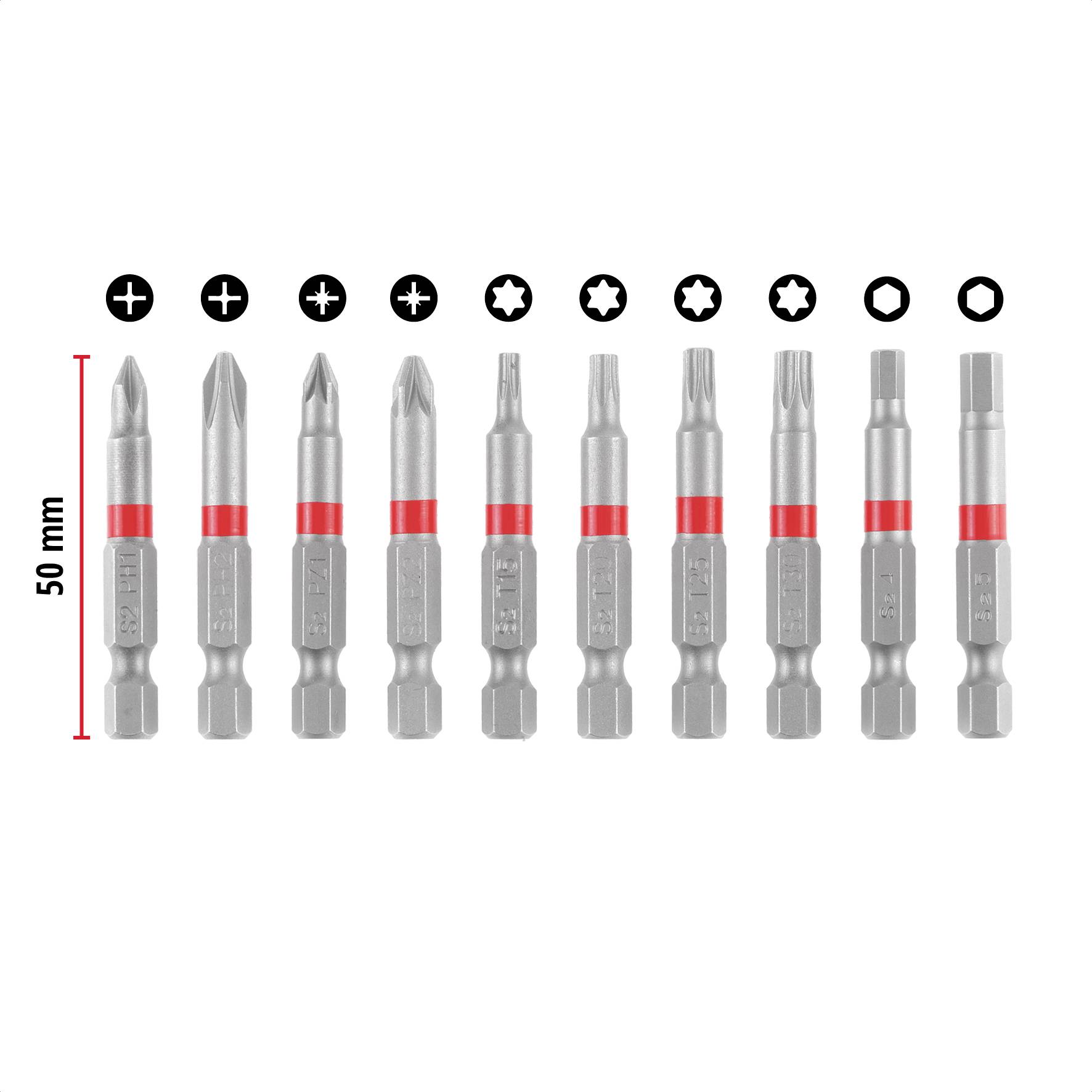 Elf verschiedene Schraubendreherbits mit unterschiedlichen Köpfen, je 50 mm lang. Icons zeigen, welcher Bit für welchen Schraubentyp geeignet ist.