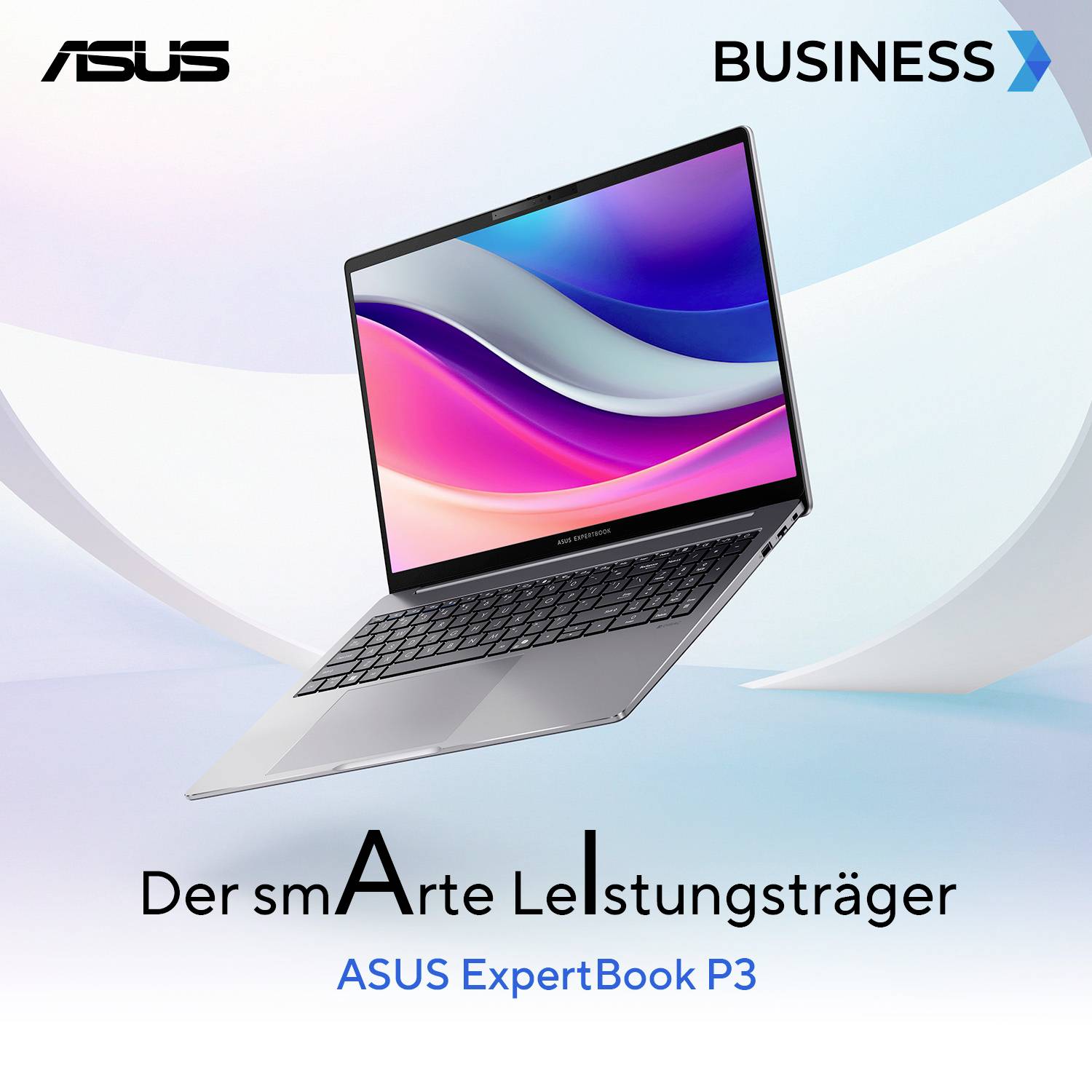 Ein Laptop mit einem bunten Bildschirm, der vor einem hellen Verlaufshintergrund platziert ist. Der Text auf Deutsch lautet: 'Der smArte Leistungsträger ASUS ExpertBook P3'.