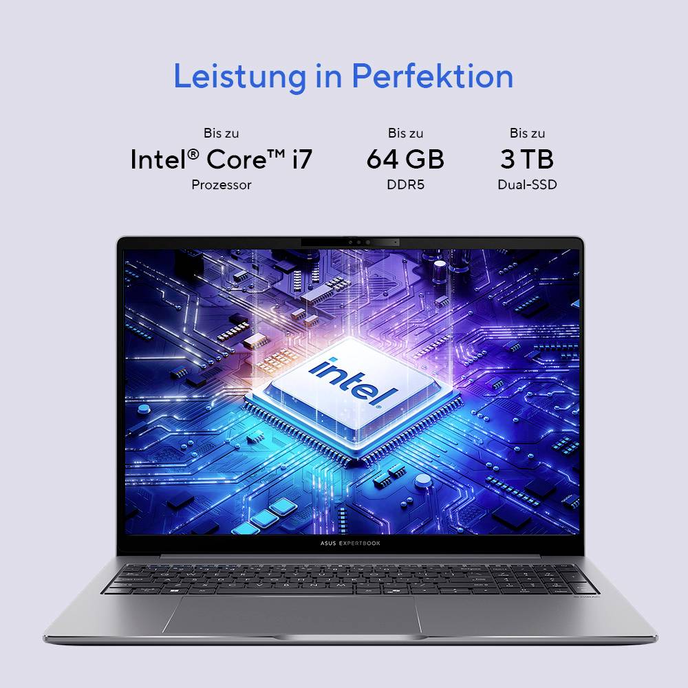 Ein Laptop mit 'Intel Core i7' Prozessor, 64 GB DDR5 RAM und 3 TB Dual-SSD wird auf dem Bildschirm angezeigt, Text darüber liest sich "Leistung in Perfektion".