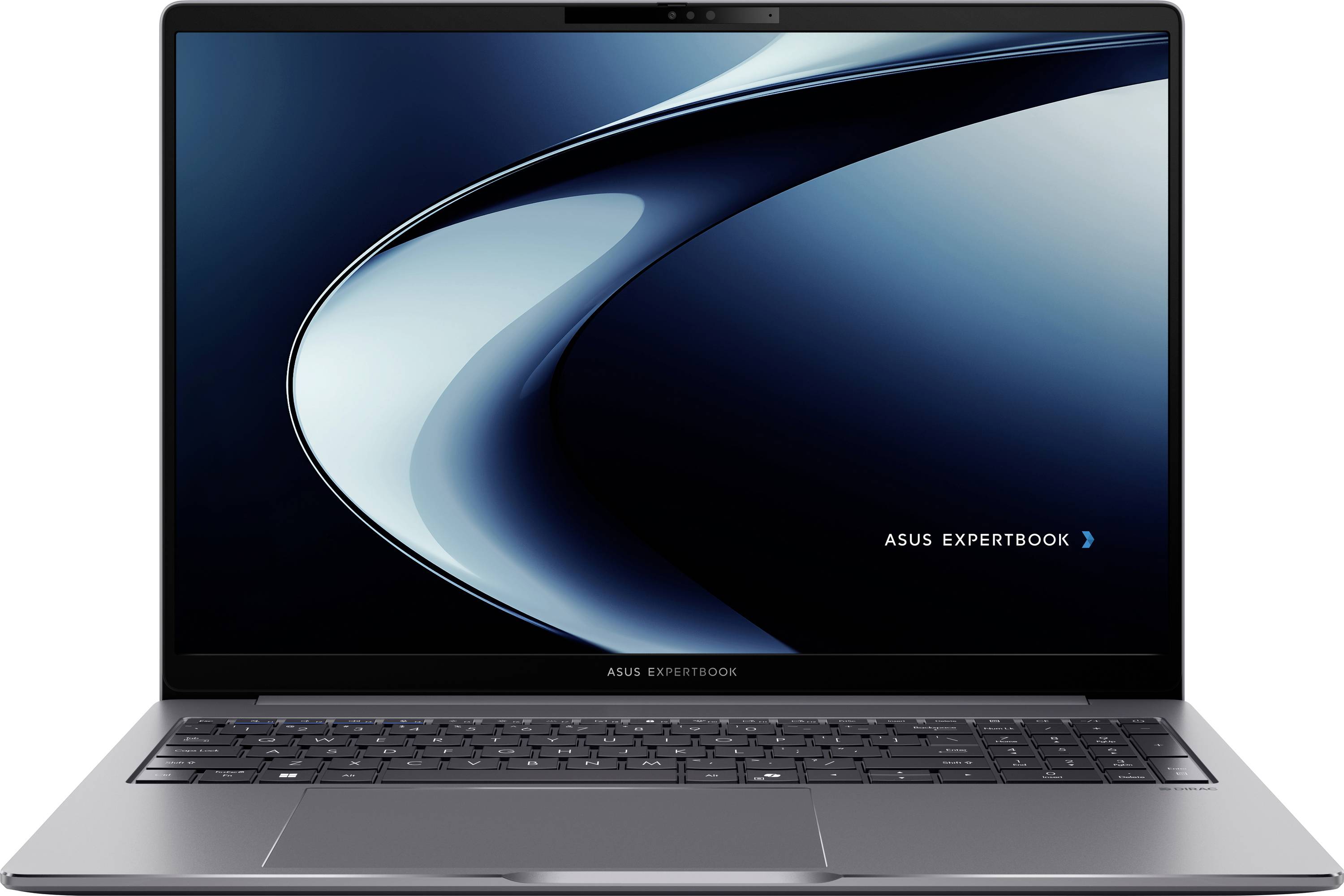 Offener Laptop mit einem dunklen abstrakten Bildschirm und dem Text 'Asus ExpertBook', der ein schlankes und professionelles Design vermittelt.