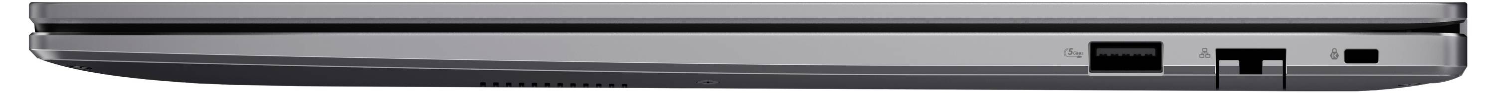 Ein silberner Laptop, von der Seite gezeigt, mit sichtbaren Anschlüssen für USB, Ethernet und Audio.