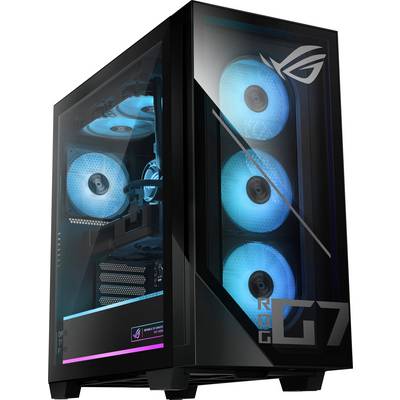 Ein schwarzer Gaming-Computer-Tower mit blauen LED-Lüftern, die durch ein transparentes Seitenpanel sichtbar sind und ein stilisiertes 'ROG'-Logo aufweisen.