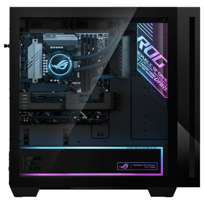 Ein schlankes, transparentes Computergehäuse, das ein ASUS ROG-Mainboard mit RGB-Beleuchtung präsentiert, unterstrichen von der Aufschrift „Dare to Play" am unteren Rand.