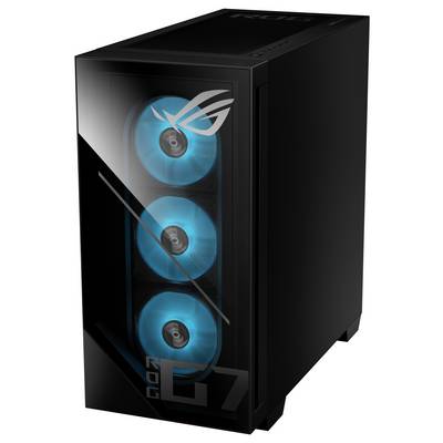 Schwarzer Computer-Tower mit transparentem Panel, das drei vertikal angeordnete, blau leuchtende Lüfter zeigt. Die Frontplatte weist ein Logo und den Text 'ROG G7' auf.