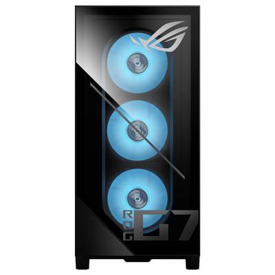 Ein schwarzes Computergehäuse mit transparenter Frontplatte, die drei blaue LED-Lüfter präsentiert. In der oberen rechten Ecke befindet sich ein stilisiertes Logo.