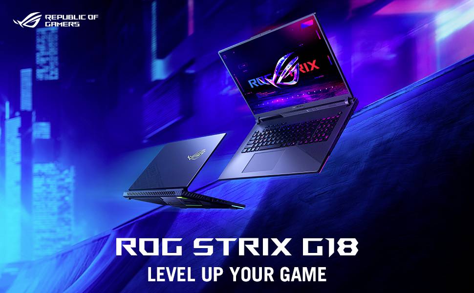 Zwei Gaming-Laptops, einer geöffnet und einer geschlossen, werden vor einem futuristischen blauen Hintergrund präsentiert mit dem Text "ROG Strix G18: Level Up Your Game".