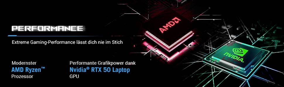 Grafik mit zwei Computerprozessoren, einer mit der Bezeichnung 'AMD Ryzen' für CPU und ein anderer mit 'Nvidia RTX 50 Laptop' für GPU, mit Schwerpunkt auf Gaming-Leistung.