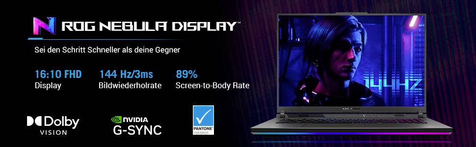 ROG Laptop mit "Nebula Display". Merkmale: 16:10 FHD, 144Hz/3ms, 89% Bildschirm-zu-Gehäuse-Verhältnis, Dolby Vision, NVIDIA G-Sync, Pantone-validiert.