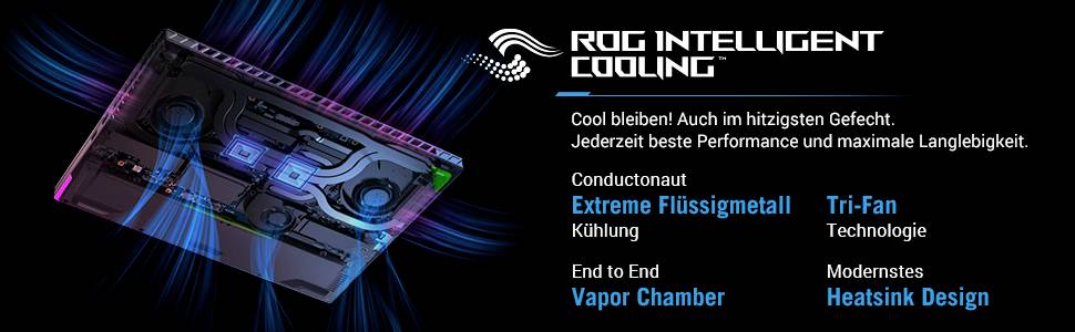 Eine Grafik von ROG Intelligent Cooling mit Text auf Deutsch, der folgende Merkmale hervorhebt: 'Extreme Flüssigmetall Kühlung', 'Tri-Fan Technologie', 'Vapor Chamber' und 'Heatsink Design'.
