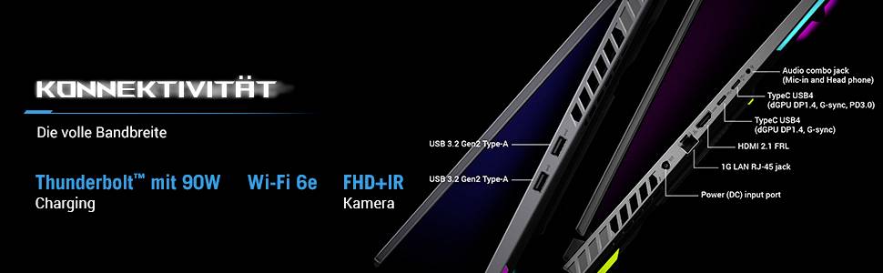 Diagramm eines Laptops mit Konnektivitätsmerkmalen: Thunderbolt, Wi-Fi 6e, FHD+IR-Kamera, Auto-Kombi-Anschluss, USB-C, USB 3.2 Gen1 Typ-A.