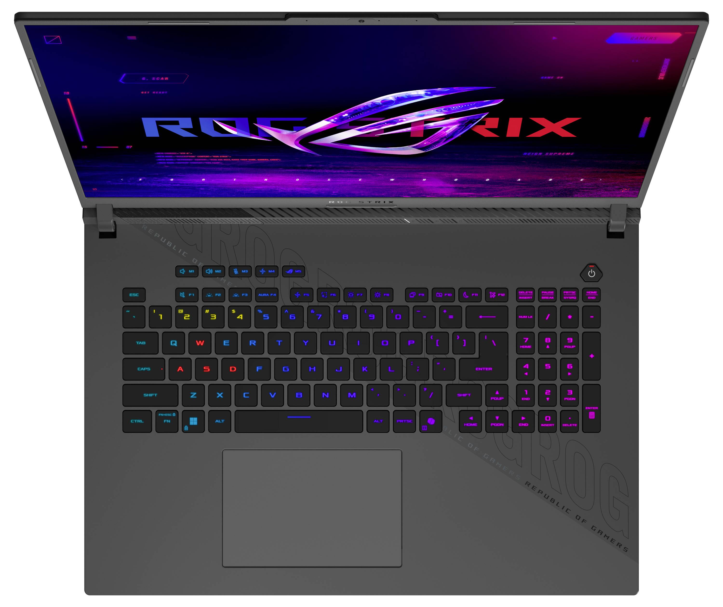 Ein Gaming-Laptop mit einer lebendigen RGB-beleuchteten Tastatur, mit einem 'ROG STRIX' Logo auf dem Bildschirm, der ein schlankes und modernes Design präsentiert.