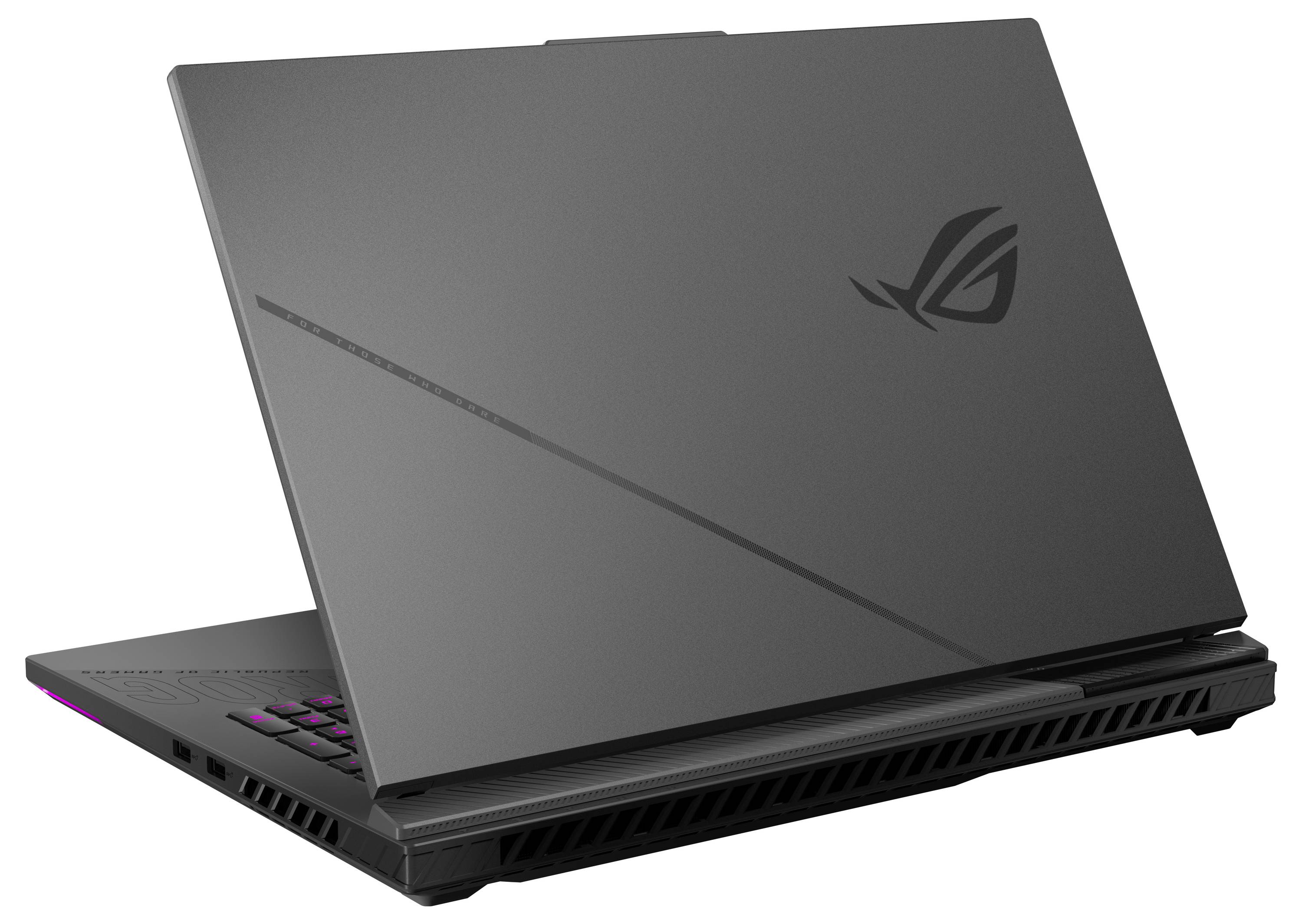 Ein schlankes, geschlossenes Gaming-Laptop mit einem Logo auf seinem Deckel, mit einer belüfteten Kante und sichtbarer RGB-Beleuchtung von der Tastatur darunter.