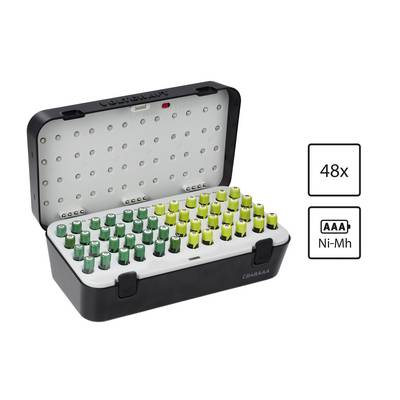 48er-Batteriladegerät-Koffer gefüllt mit AAA-Ni-MH-Batterien, aufgeklappt mit Statuslicht-Indikatoren; Beschriftungen zeigen „48x" und „AAA Ni-MH".