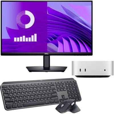 Computeraufbau mit Monitor, der ein lila digitales Dashboard zeigt, drahtloser Tastatur, Maus und einem kompakten Desktop-Gehäuse.