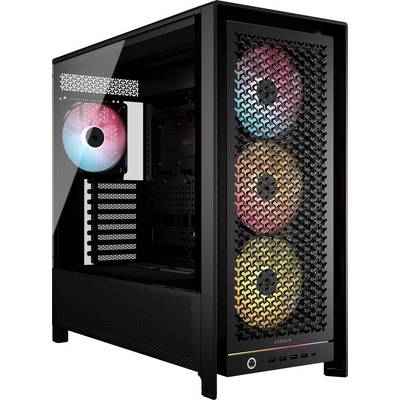 Ein schwarzes Computergehäuse mit einem Frontpanel aus Gitter, das drei RGB-Lüfter offenlegt, und eine geöffnete Seitenwand, die ein leeres Inneres zeigt.