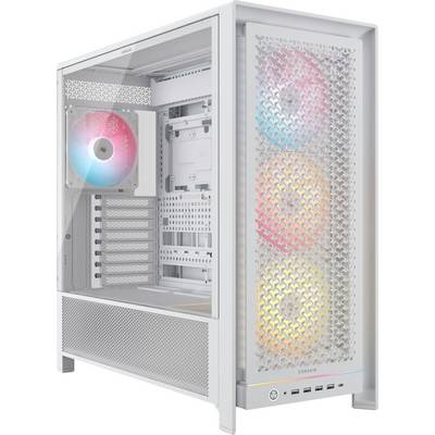 Ein weißes Computergehäuse mit sichtbaren RGB-Lüftern und transparenter Seitenscheibe. Das Gehäuse ist leer und zeigt Steckplätze für Komponenten und Anschlüsse.