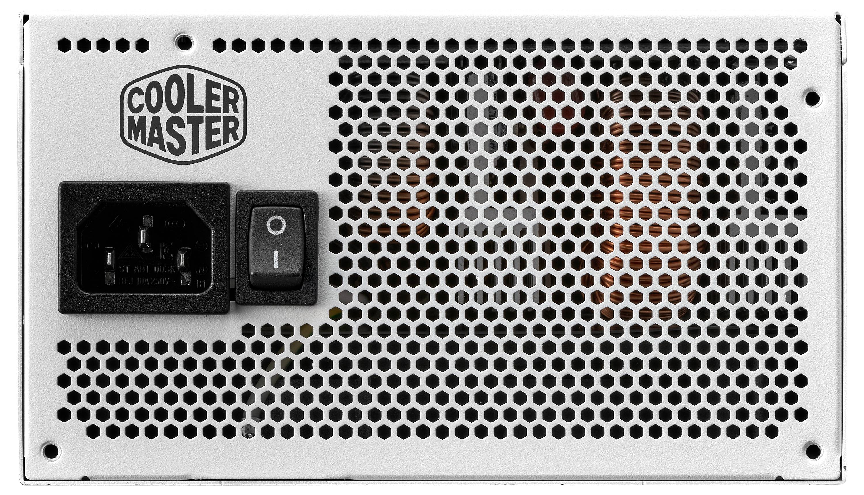 Ein Netzteil mit einem 'Cooler Master' Logo, einem Ein-/Ausschalter und einer Stromeingangsbuche, konzipiert für ein Computergehäuse.