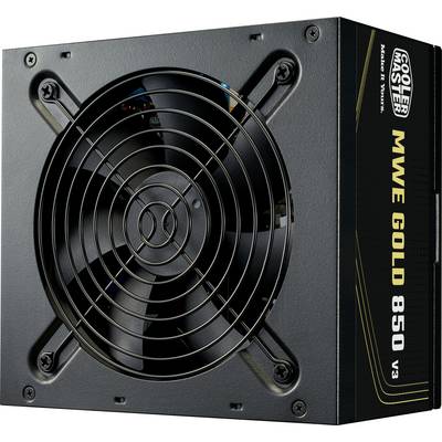 Eine schwarze Cooler Master MWE Gold 850 V3 Netzteileinheit mit einem sichtbaren Lüfter und Modell-Etikett an der Seite.